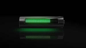 Concept photo of battery and power level in green tech lines.