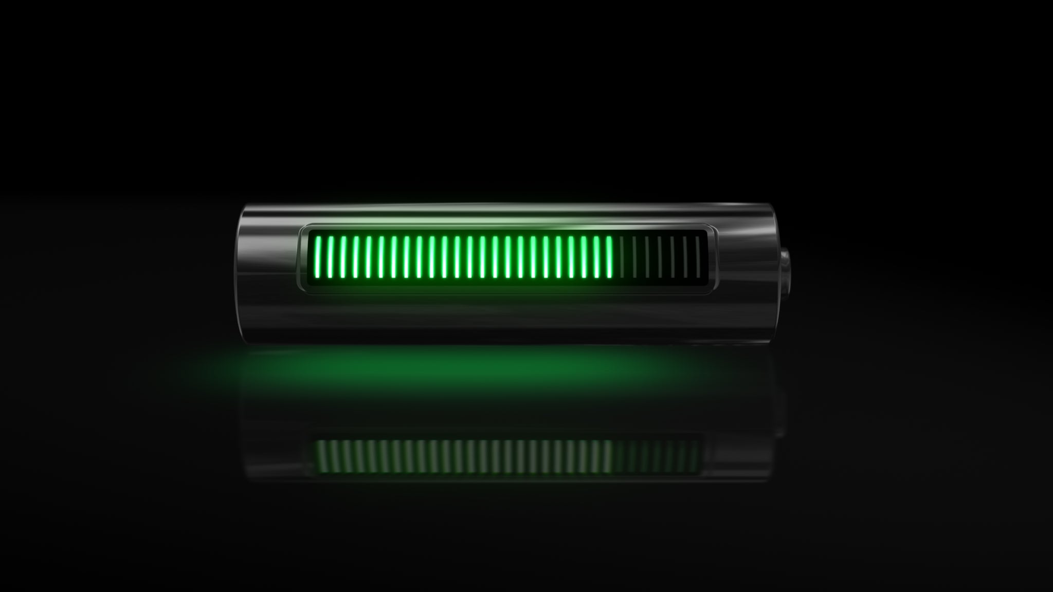 Concept photo of battery and power level in green tech lines.